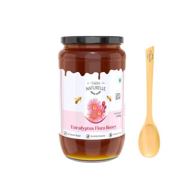 Eucalyptus Flower Wild Forest (Jungle) Honey|100% Pure Honey| Raw & Unfiltered|Unprocessed|Lab Tested Honey In Glass Jar with Engraved Virgin Wooden Spoon|Antioxidant, Anti-inflammatory Honey - Farm Naturelle