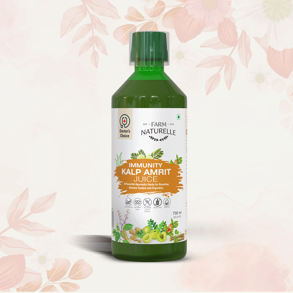 FARM NATURELLE Kalp Amrit Juice – A powerful blend of Aloe Vera, Tulsi, Giloye, Ginger, Amla, and Ashwagandha for enhanced wellness, digestive health, immunity, and glowing skin.