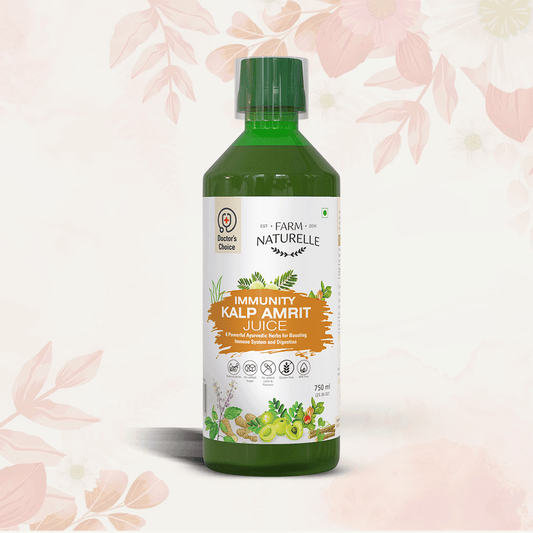 FARM NATURELLE Kalp Amrit Juice – A powerful blend of Aloe Vera, Tulsi, Giloye, Ginger, Amla, and Ashwagandha for enhanced wellness, digestive health, immunity, and glowing skin.