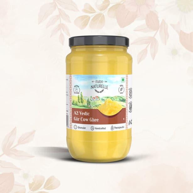 A2 Desi Cow Ghee from Grass Fed Gir Cows | Vedic Bilona Method-Curd Churned-Golden | Grainy & Aromatic, Keto Friendly | Non-GMO, and A Wooden Spoon - Farm Naturelle