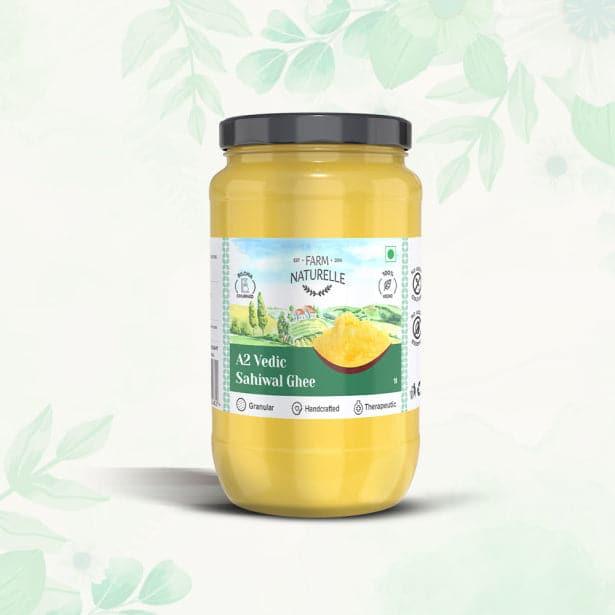 A2 Desi Ghee Cow from Grass Fed Sahiwal Cows | Vedic Bilona method-Curd Churned-Golden |Grainy & Aromatic, Keto Friendly, NON-GMO And A Wooden Spoon - Farm Naturelle