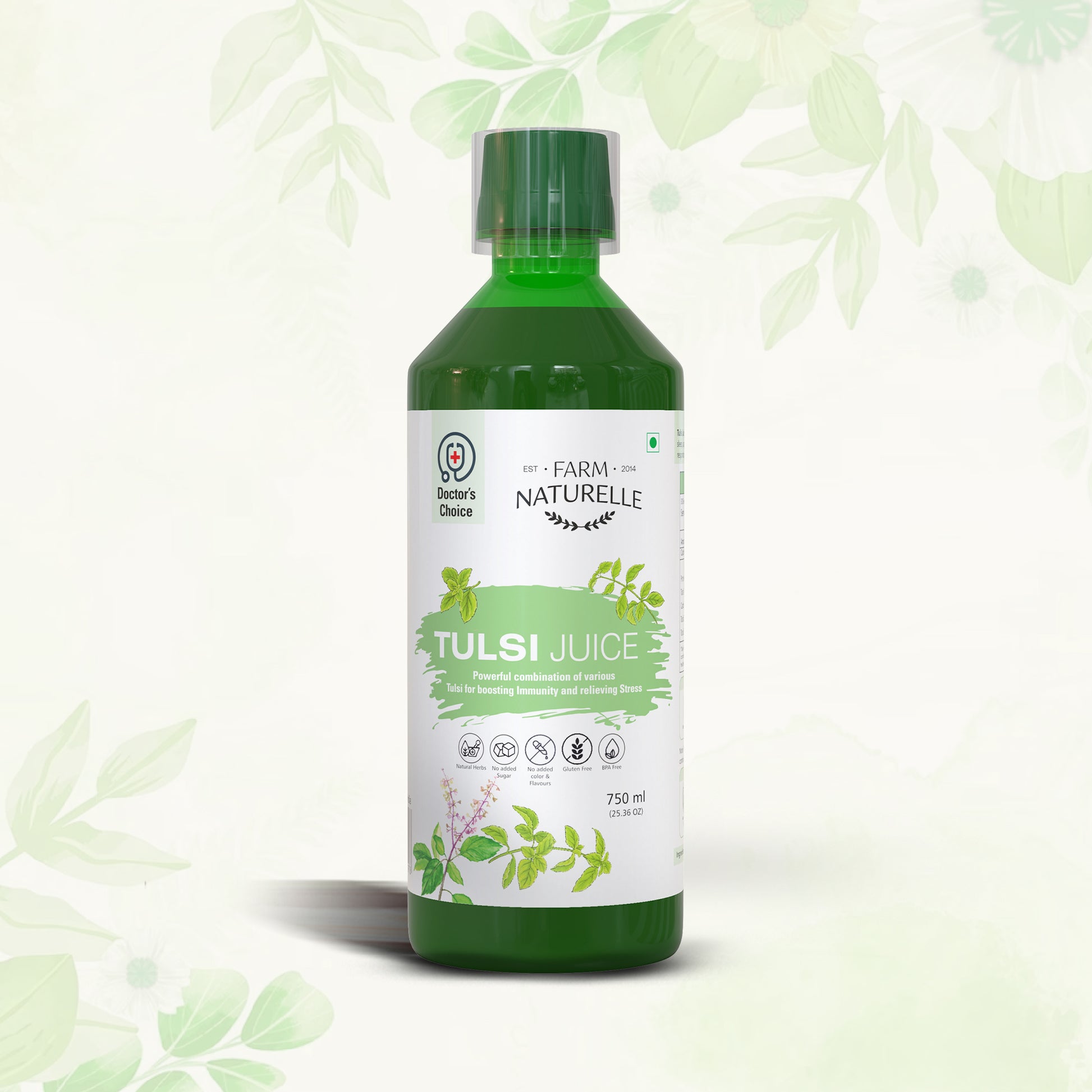 A bottle of Tulsi Juice (750 ml), made from Holy Basil seeds, offering natural immunity-boosting and detoxifying benefits.