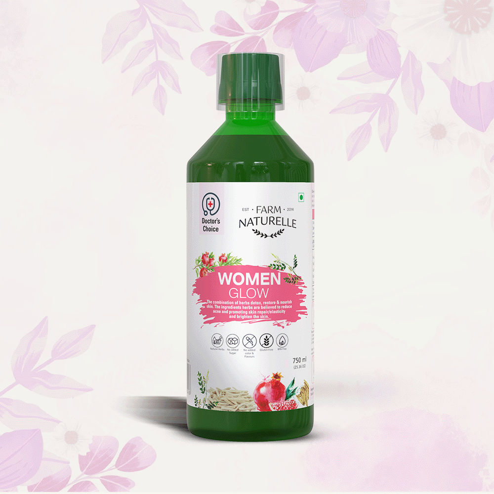 Bottle of Farm Naturelle Glowing Women Herbal Juice with ingredients like VegCollgen, Biotin, Pomegranate, Shatavari, and Mulathi for glowing skin