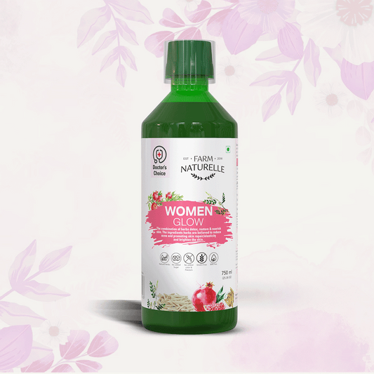 Bottle of Farm Naturelle Glowing Women Herbal Juice with ingredients like VegCollgen, Biotin, Pomegranate, Shatavari, and Mulathi for glowing skin