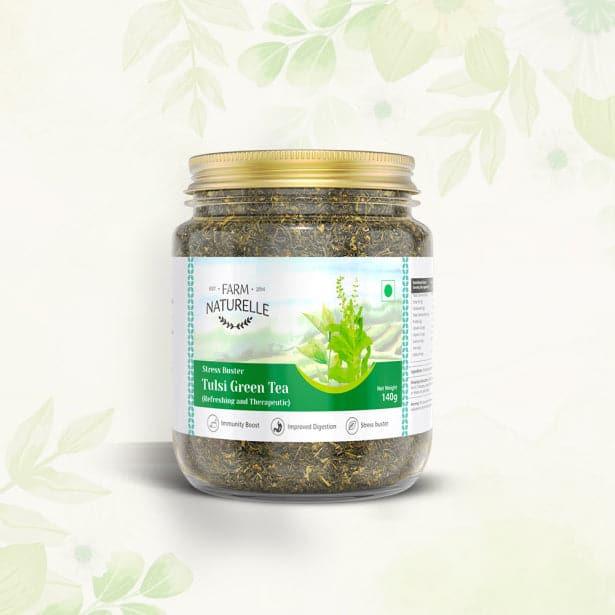 Tulsi Green Tea - Acts as Immunity Booster and Anti Inflammatory | Natural Ingredient Infused - Not Artificially Flavoured | Long Leaf Loose Tea - Farm Naturelle