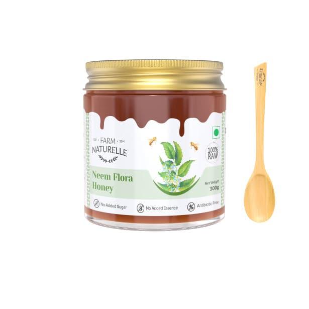 Neem Forest Flower Honey| and a wooden Spoon | 100% Pure Honey, Raw Natural Unprocessed Honey | Glass Bottle-Neem Honey - Farm Naturelle