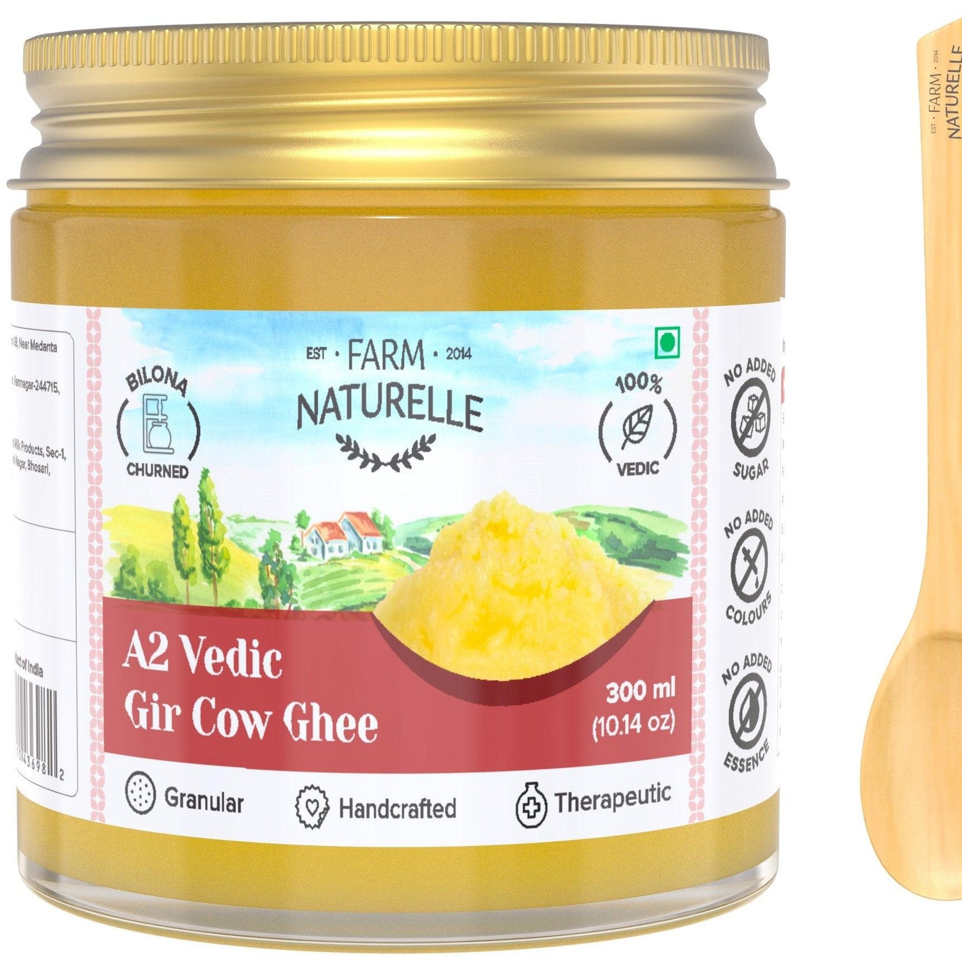 A2 Desi Cow Ghee from Grass Fed Gir Cows | Vedic Bilona Method-Curd Churned-Golden | Grainy & Aromatic, Keto Friendly | Non-GMO, and A Wooden Spoon - Farm Naturelle