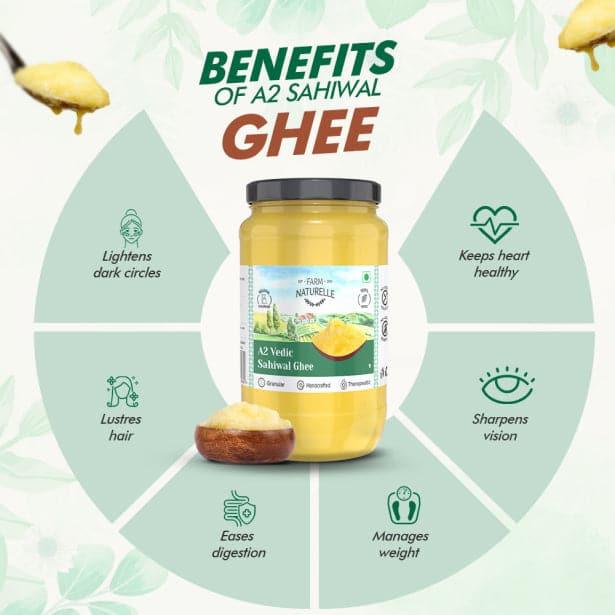 A2 Desi Ghee Cow from Grass Fed Sahiwal Cows | Vedic Bilona method-Curd Churned-Golden |Grainy & Aromatic, Keto Friendly, NON-GMO And A Wooden Spoon - Farm Naturelle