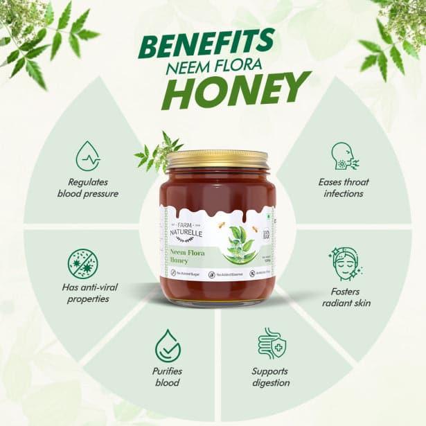 Neem Forest Flower Honey| and a wooden Spoon | 100% Pure Honey, Raw Natural Unprocessed Honey | Glass Bottle-Neem Honey - Farm Naturelle
