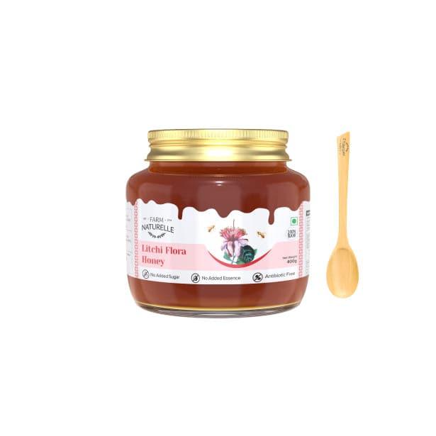 Litchi Flower Wild Forest Honey |Extra and a Wooden Spoon | 100% Pure Natural Honey, Raw Natural Un-Processed - Un-Heated Honey | Lab Tested Litchi Honey - Farm Naturelle