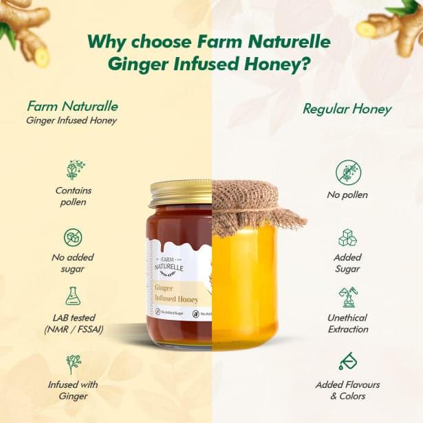 Ginger Infused Honey|100% Pure Honey| Raw & Unfiltered|Unprocessed|Lab Tested Honey In with Engraved Virgin Wooden Spoon - Farm Naturelle
