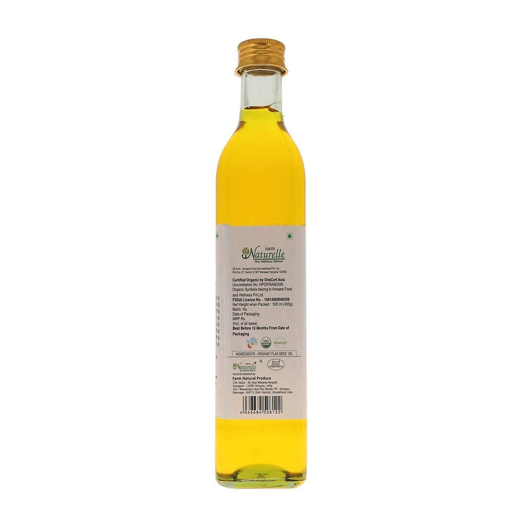 Farm Naturelle - 100% Pure Cold Pressed Flax Seed Oil (500ml) |Alsi Ka Tel in Glass Bottle for Cooking & Health Benefits