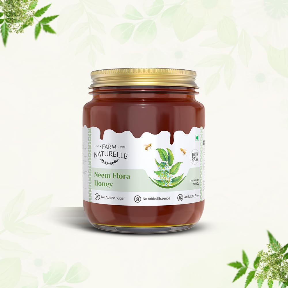 Farm Naturelle -Neem Forest Flower Honey|1.45 KG -Glass Bottle and a wooden Spoon | 100% Pure Honey, Raw Natural Unprocessed Honey | Glass Bottle-Neem Honey