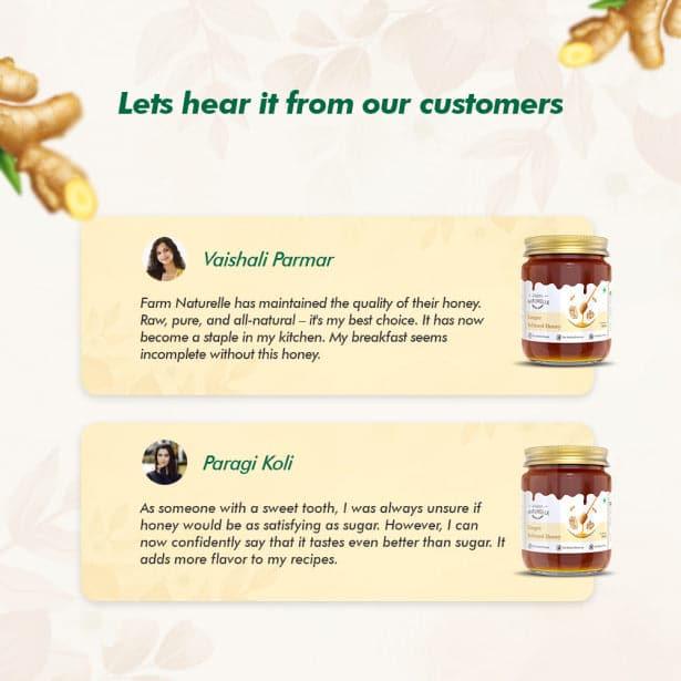 Ginger Infused Honey|100% Pure Honey| Raw & Unfiltered|Unprocessed|Lab Tested Honey In with Engraved Virgin Wooden Spoon - Farm Naturelle