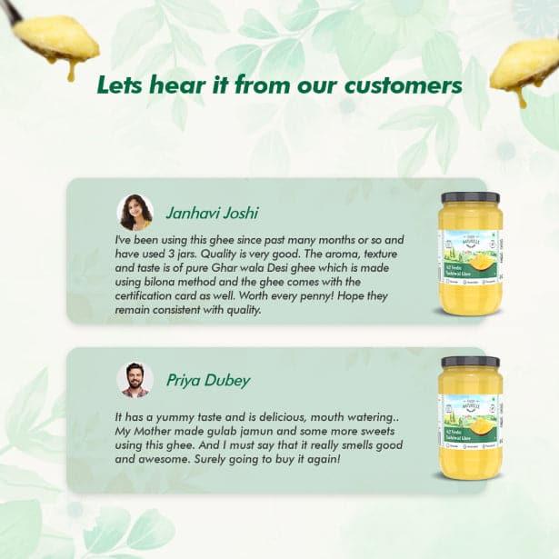 A2 Desi Ghee Cow from Grass Fed Sahiwal Cows | Vedic Bilona method-Curd Churned-Golden |Grainy & Aromatic, Keto Friendly, NON-GMO And A Wooden Spoon - Farm Naturelle