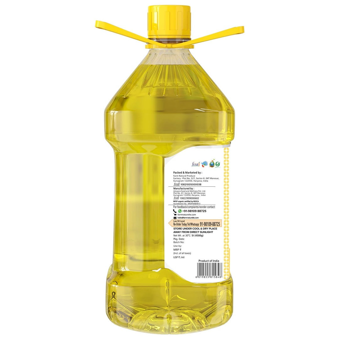 Farm Naturelle Cold Pressed Sunflower Oil 5L | Kolhu/Chekku | Extracted on Wooden Churner | Healthy Cooking Oil | Chemical-Free | Sunflower Oil for Cooking 5 Ltr