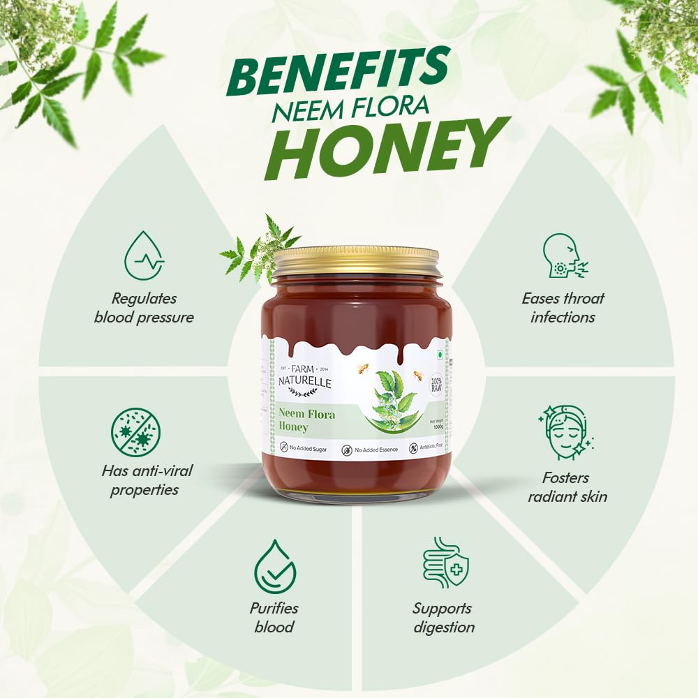 Farm Naturelle -Neem Forest Flower Honey|1.45 KG -Glass Bottle and a wooden Spoon | 100% Pure Honey, Raw Natural Unprocessed Honey | Glass Bottle-Neem Honey