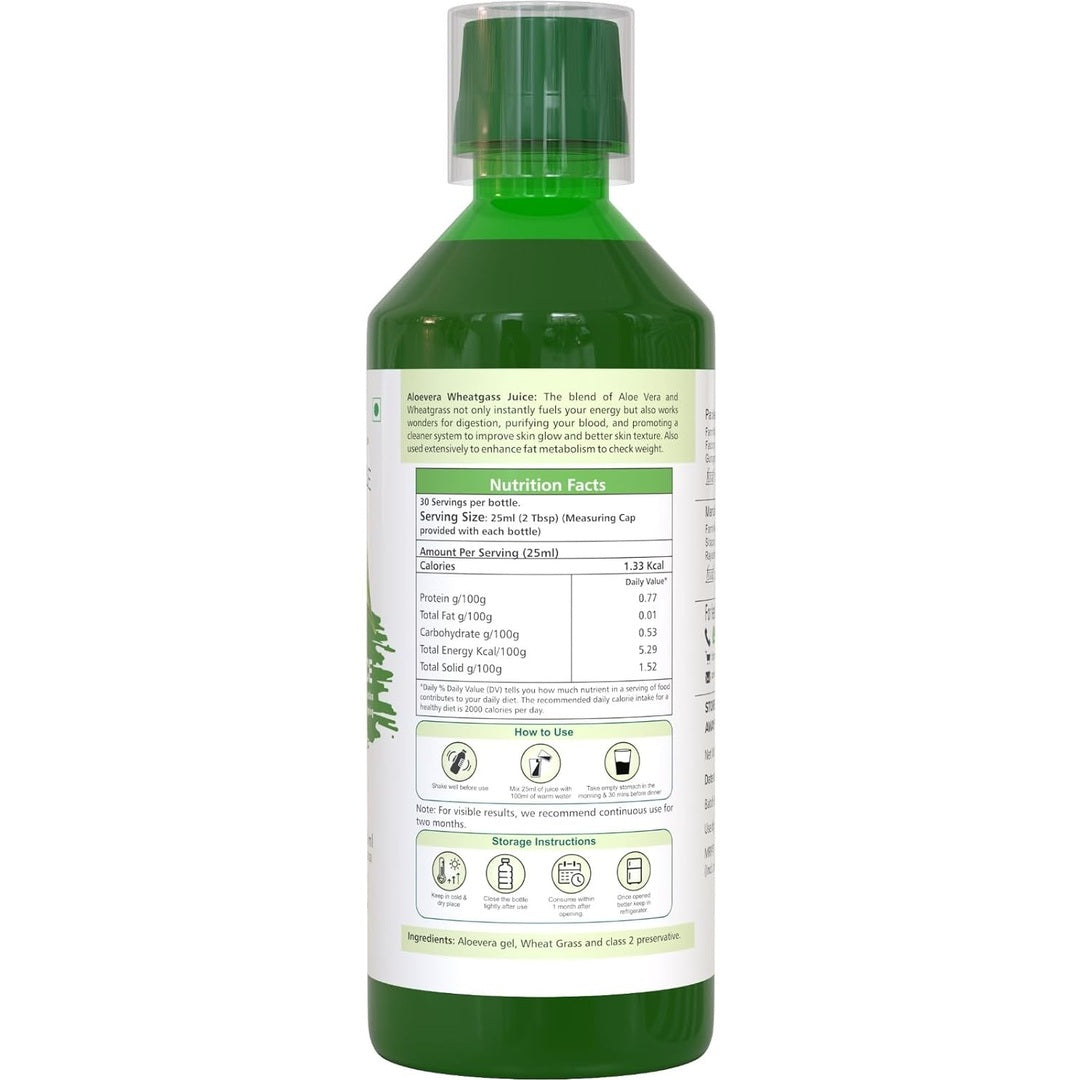 Farm Naturelle - Aloe Vera Wheatgrass Juice 750ml X 1 | Combines Aloe Vera Benefits with Wheatgrass Goodness | Supports Digestive Health | 60 Day's Pack (15 Days Pack)