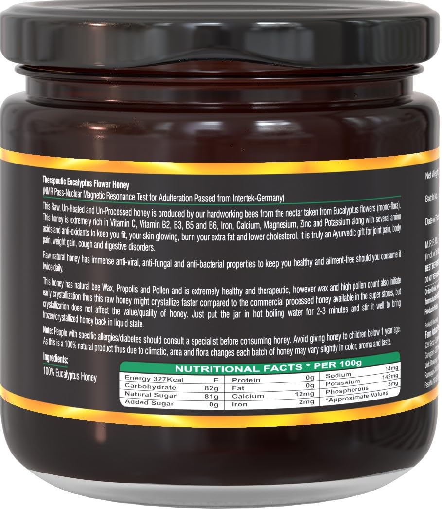 Farm Naturelle Eucalyptus Flower Wild Forest (Jungle) Honey 450g |NMR Tested | 100% Pure Honey| Raw & Unfiltered|Unprocessed|Lab Tested Honey In Glass Jar with Engraved Virgin Wooden Spoon|Antioxidant, Anti-inflammatory Honey