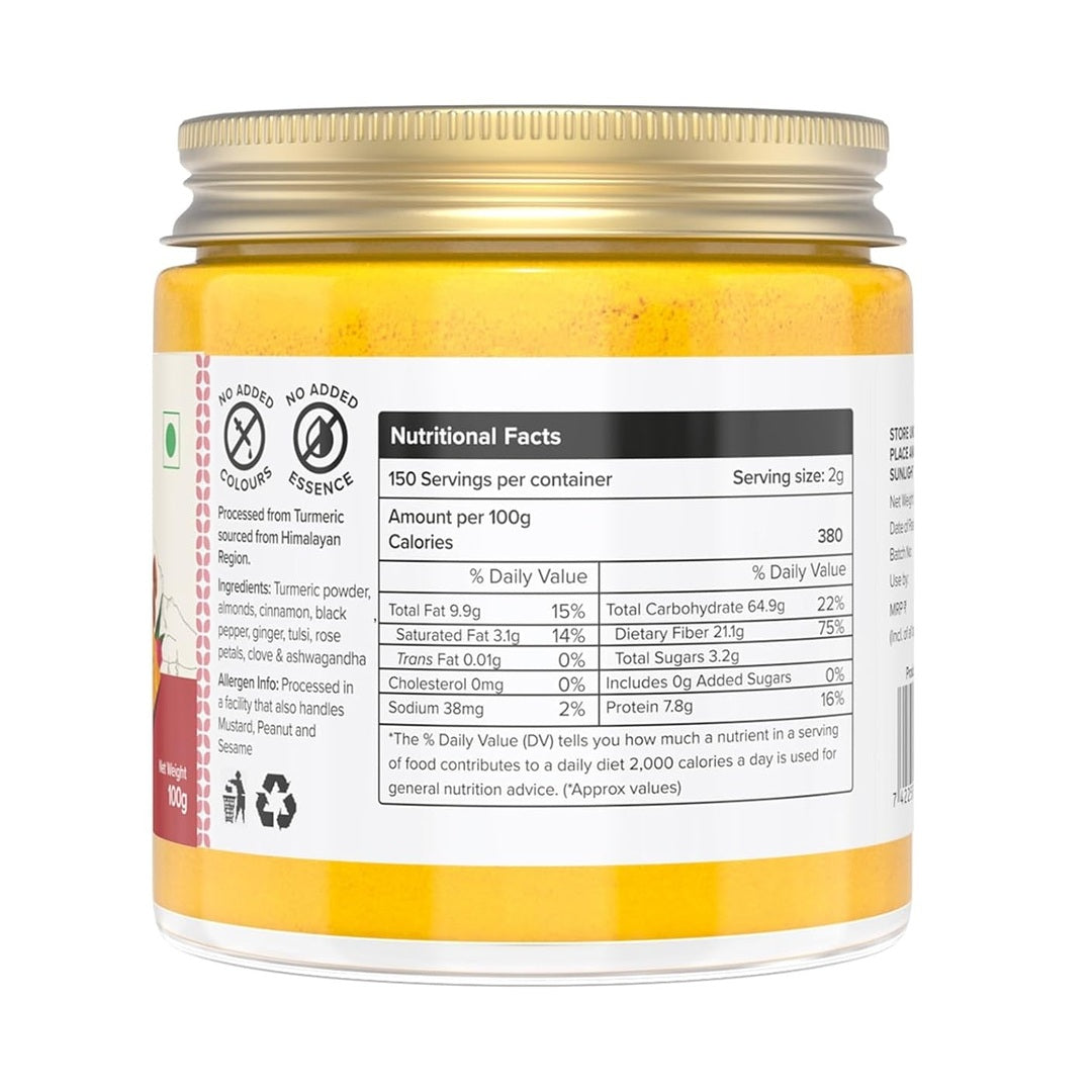 Farm Naturelle-Golden Milk Masala Himalayan Turmeric latte Powder with Natural & Immunizing Spice Blend Himalayan Turmeric, Almonds, Cinnamon, Ginger , Cloves , Ashwagandha & Ground Balck Pepper - 100 Gms, With Spoon