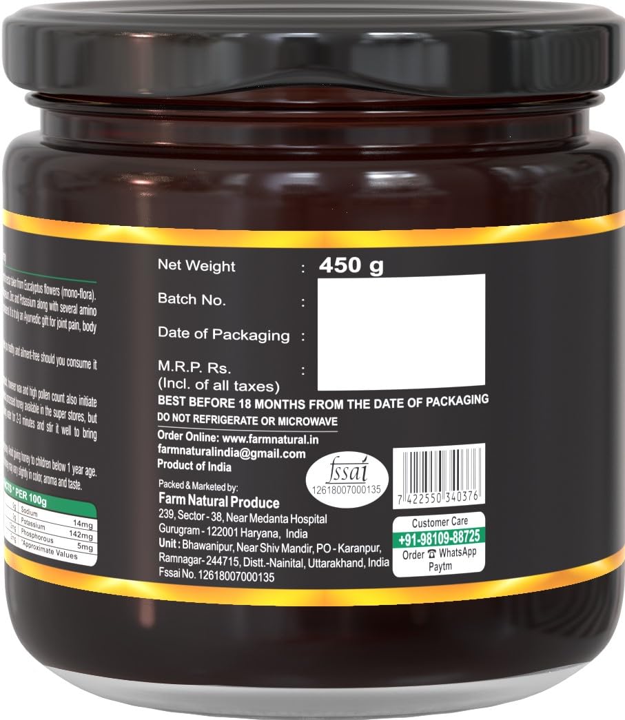 Farm Naturelle Eucalyptus Flower Wild Forest (Jungle) Honey 450g |NMR Tested | 100% Pure Honey| Raw & Unfiltered|Unprocessed|Lab Tested Honey In Glass Jar with Engraved Virgin Wooden Spoon|Antioxidant, Anti-inflammatory Honey