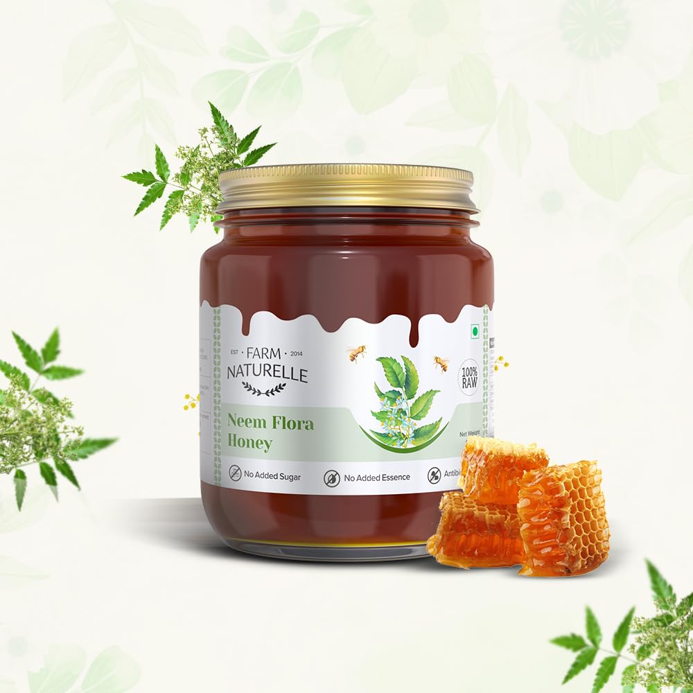 Farm Naturelle -Neem Forest Flower Honey|1.45 KG -Glass Bottle and a wooden Spoon | 100% Pure Honey, Raw Natural Unprocessed Honey | Glass Bottle-Neem Honey
