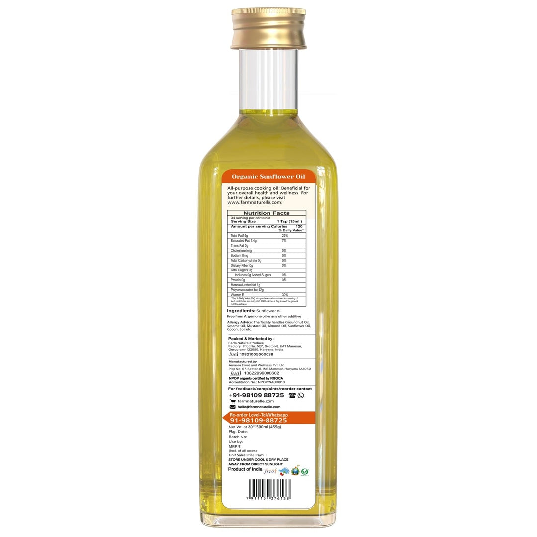 Farm Naturelle (Glass Bottles) Virgin Cold Pressed Cooking Oil-Sunflower Oil (500 Ml)