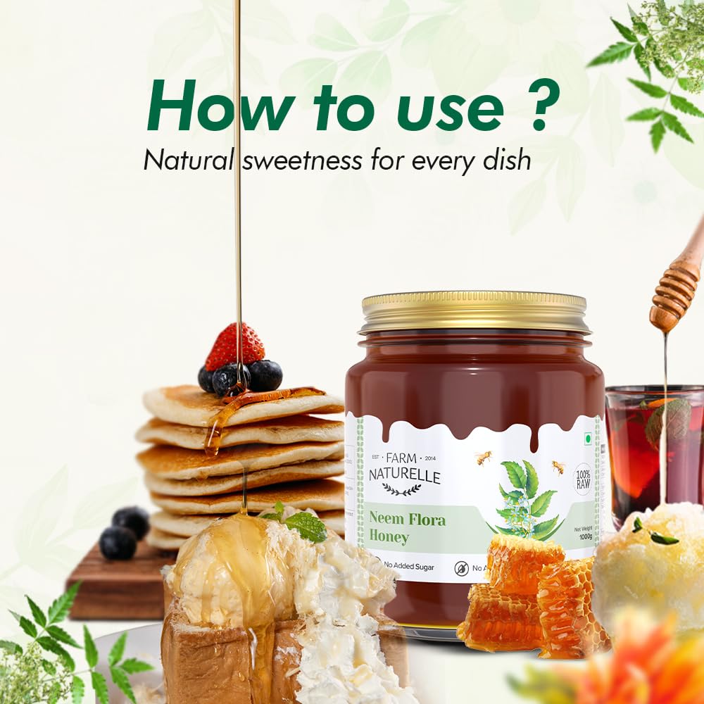 Farm Naturelle -Neem Forest Flower Honey|1.45 KG -Glass Bottle and a wooden Spoon | 100% Pure Honey, Raw Natural Unprocessed Honey | Glass Bottle-Neem Honey