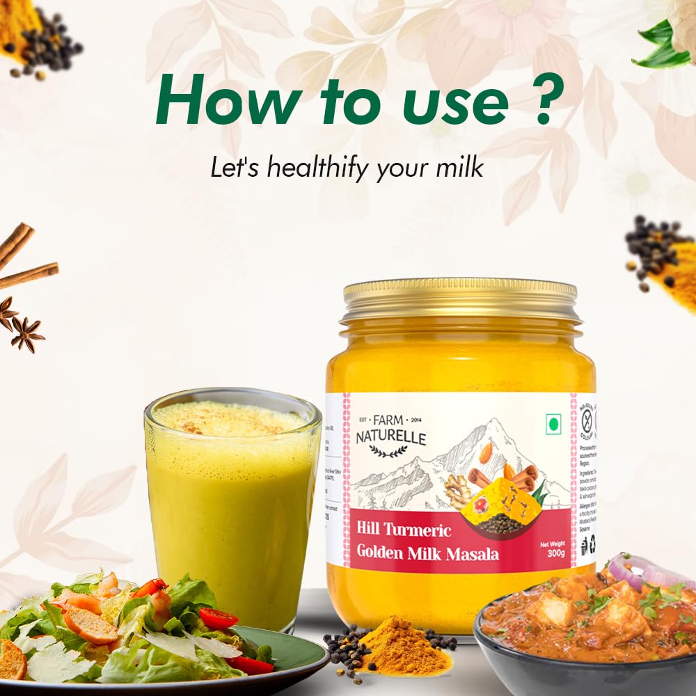 Farm Naturelle-Golden Milk Masala Himalayan Turmeric latte Powder with Natural & Immunizing Spice Blend Himalayan Turmeric, Almonds, Cinnamon, Ginger , Cloves , Ashwagandha & Ground Balck Pepper - 100 Gms, With Spoon
