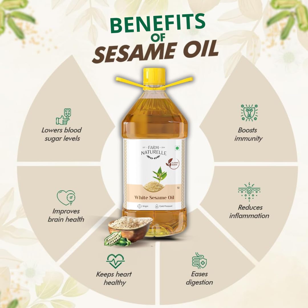 Farm Naturelle - 5L Virgin Cold Pressed Sesame/Gingelly Oil | Virgin, Chekku/Ghani Cooking Oil | 5 LTR | Rich Aroma & Flavour of Pure Sesame Seeds | For Daily Cooking & Multipurpose Usage | Unique Variety of Seeds