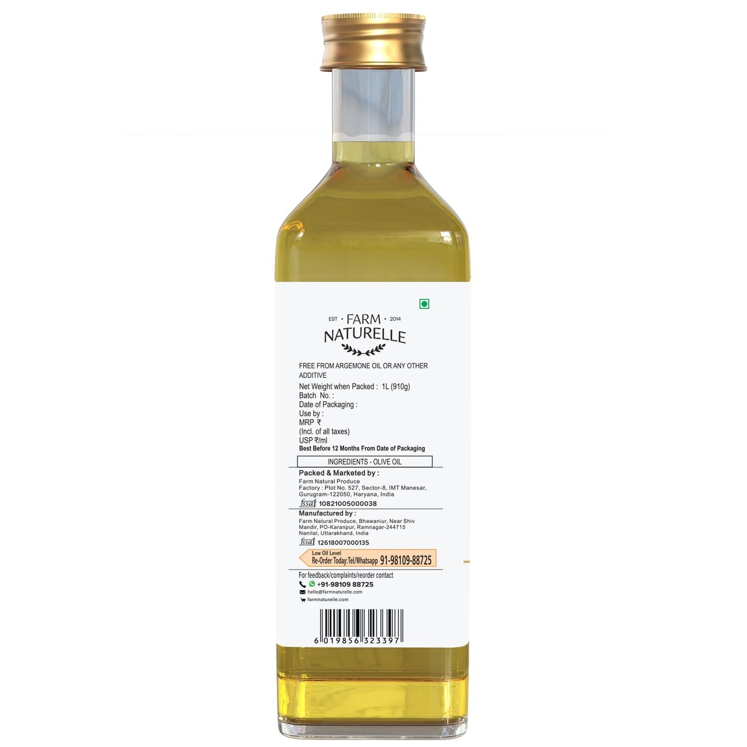 Farm Naturelle Extra Virgin Olive Oil 100% Pure, Natural Extra-Virgin Oil extracted by pressing the finest Spanish Olives (1000 Ml)