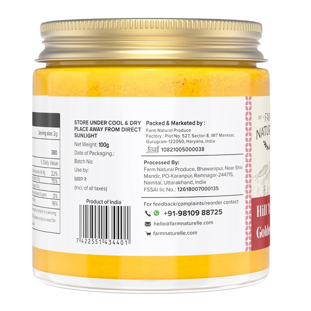 Farm Naturelle-Golden Milk Masala Himalayan Turmeric latte Powder with Natural & Immunizing Spice Blend Himalayan Turmeric, Almonds, Cinnamon, Ginger , Cloves , Ashwagandha & Ground Balck Pepper - 100 Gms, With Spoon