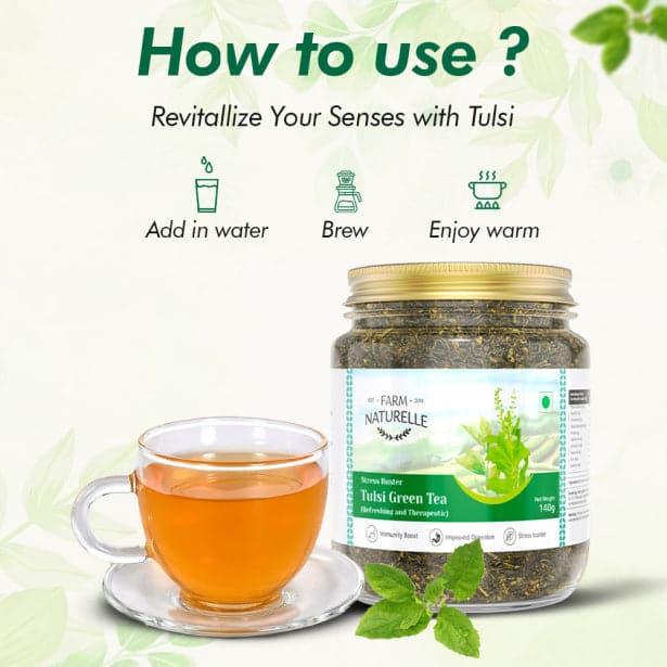 Tulsi Green Tea - Acts as Immunity Booster and Anti Inflammatory | Natural Ingredient Infused - Not Artificially Flavoured | Long Leaf Loose Tea - Farm Naturelle