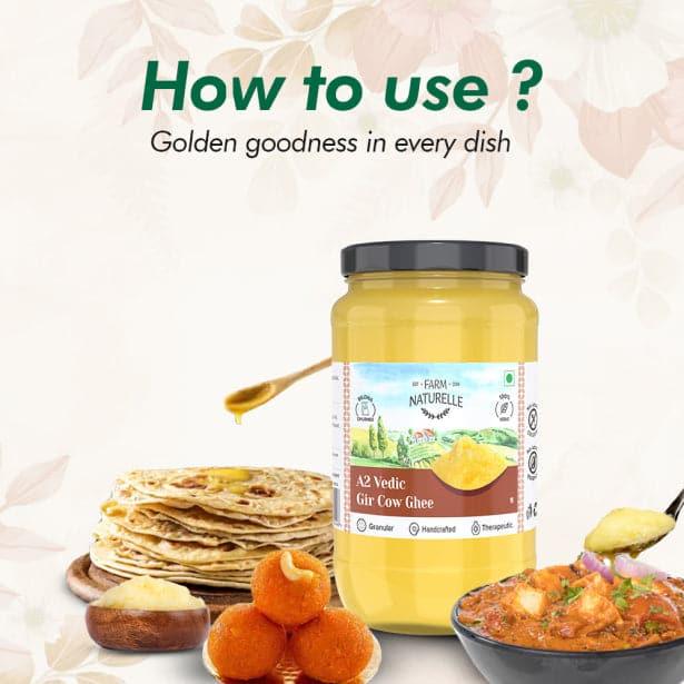 A2 Desi Cow Ghee from Grass Fed Gir Cows | Vedic Bilona Method-Curd Churned-Golden | Grainy & Aromatic, Keto Friendly | Non-GMO, and A Wooden Spoon - Farm Naturelle