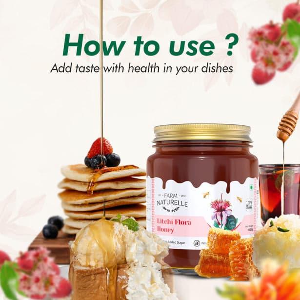 Litchi Flower Wild Forest Honey |Extra and a Wooden Spoon | 100% Pure Natural Honey, Raw Natural Un-Processed - Un-Heated Honey | Lab Tested Litchi Honey - Farm Naturelle