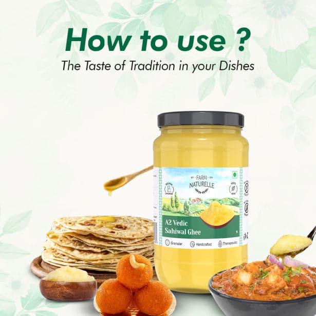 A2 Desi Ghee Cow from Grass Fed Sahiwal Cows | Vedic Bilona method-Curd Churned-Golden |Grainy & Aromatic, Keto Friendly, NON-GMO And A Wooden Spoon - Farm Naturelle