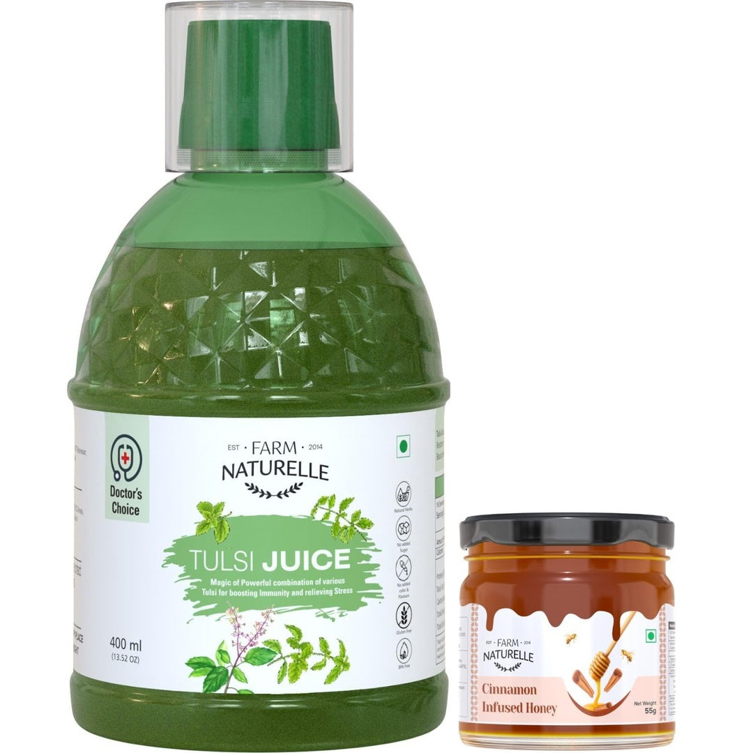 Farm Naturelle- Most Effective Tulsi Juice (400Ml)-The Finest Tulsi Juice-Herbal Basil and Cinnamon Honey 55g x 1