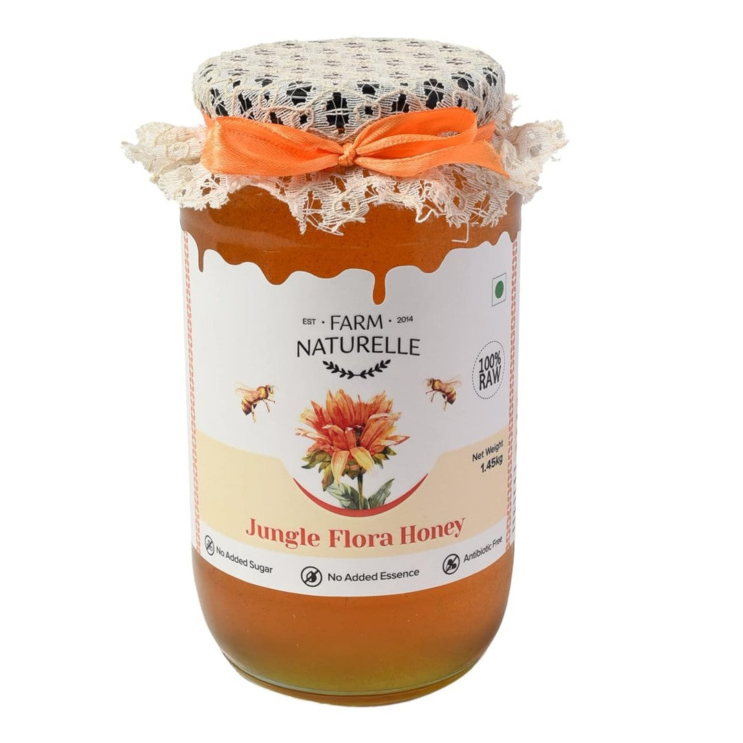 Farm Naturelle Jungle Flower Wild Forest Honey 1.45 Kg|100% Pure Honey | Raw & Unfiltered|Unprocessed|Lab Tested Honey In Glass Jar with Engraved Virgin Wooden Spoon