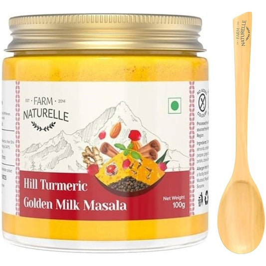 Farm Naturelle-Golden Milk Masala Himalayan Turmeric latte Powder with Natural & Immunizing Spice Blend Himalayan Turmeric, Almonds, Cinnamon, Ginger , Cloves , Ashwagandha & Ground Balck Pepper - 100 Gms, With Spoon