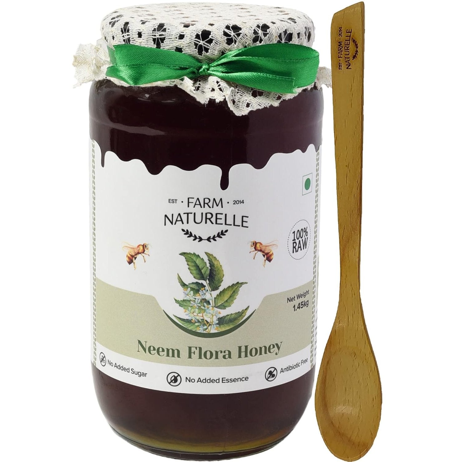 Farm Naturelle -Neem Forest Flower Honey|1.45 KG -Glass Bottle and a wooden Spoon | 100% Pure Honey, Raw Natural Unprocessed Honey | Glass Bottle-Neem Honey