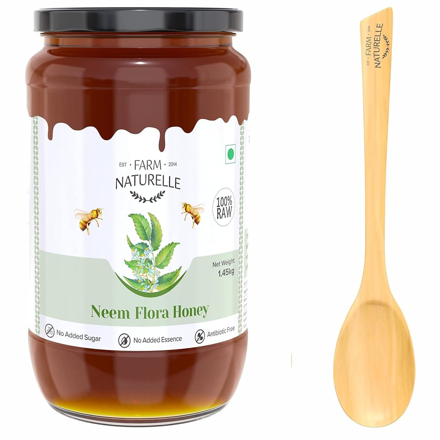 Farm Naturelle -Neem Forest Flower Honey|1.45 KG -Glass Bottle and a wooden Spoon | 100% Pure Honey, Raw Natural Unprocessed Honey | Glass Bottle-Neem Honey