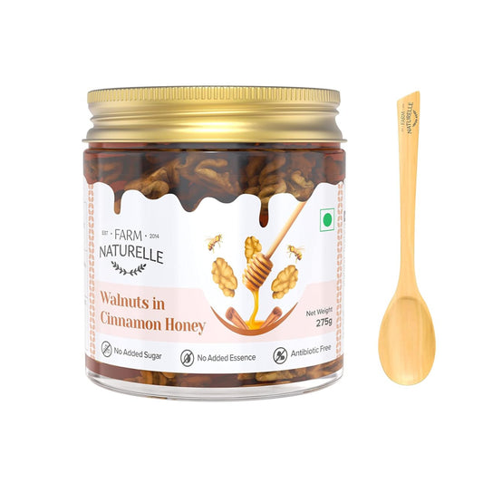 Farm Naturelle-Cinnamon infused Pure Raw Natural Forest Honey and Walnuts-250 Gms-Health Gift item Pack and a Wooden Spoon.
