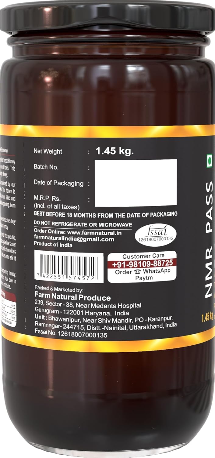 Farm Naturelle - Raw, 100% Natural NMR Tested, Pass, Certified Immunity Herbs Infused In Wild (Forest) Flower Honey(1.45Kg) Glass Bottle.