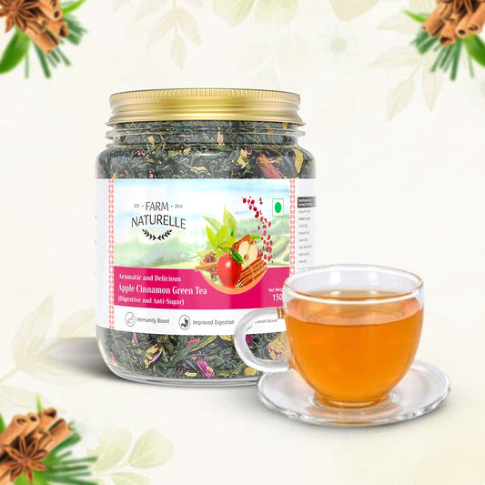 A cup of Apple Cinnamon Green Tea from Farm Naturelle, showcasing a refreshing herbal blend designed to promote relaxation and wellness.