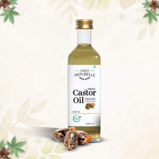 Farm Naturelle Cold Pressed Castor Oil for nourishing skin and hair, promoting hydration, softness, and healthy hair growth.