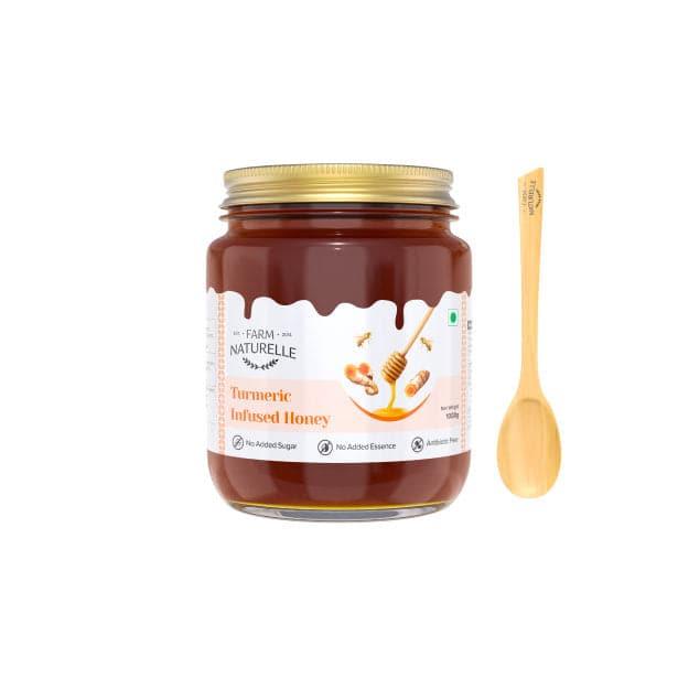 Pure Turmeric Infused in Forest Honey | Raw Unprocessed Delicious and Ant-oxidant Honey |And a Wooden Spoon | 100% Pure & Natural Ingredients Honey - Farm Naturelle