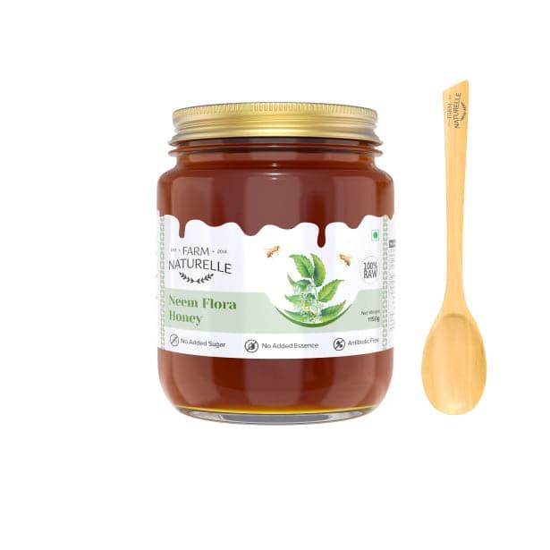 Neem Forest Flower Honey| and a wooden Spoon | 100% Pure Honey, Raw Natural Unprocessed Honey | Glass Bottle-Neem Honey - Farm Naturelle