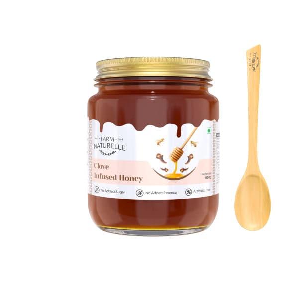 Clove Infused Wild Forest Honey |And a Wooden Spoon| 100% Pure, Raw Natural - Un-processed - Un-heated Honey | Lab Tested Clove Honey - Farm Naturelle