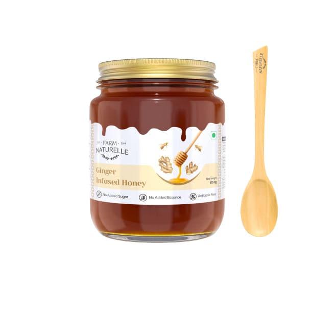 Ginger Infused Honey|100% Pure Honey| Raw & Unfiltered|Unprocessed|Lab Tested Honey In with Engraved Virgin Wooden Spoon - Farm Naturelle