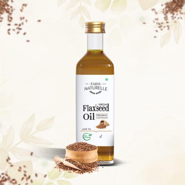 100% pure  flax seed oil from Farm Naturelle, offering natural health benefits for heart health, skin, and digestion.